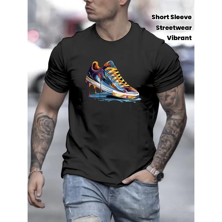 Men's Plus Size Oversized 100% Cotton T-Shirt - Graffiti Sneaker Print Streetwear Tee with Sneaker Design, Short Sleeve Round Neck Casual Shirt,