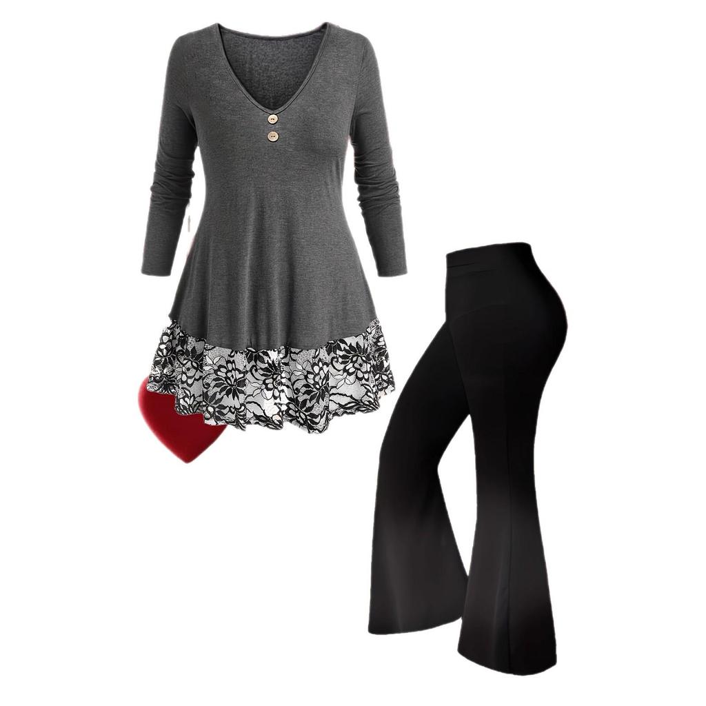 Damenmode Strickoberteil & Schlaghose Zweiteiliges Set für den Herbst