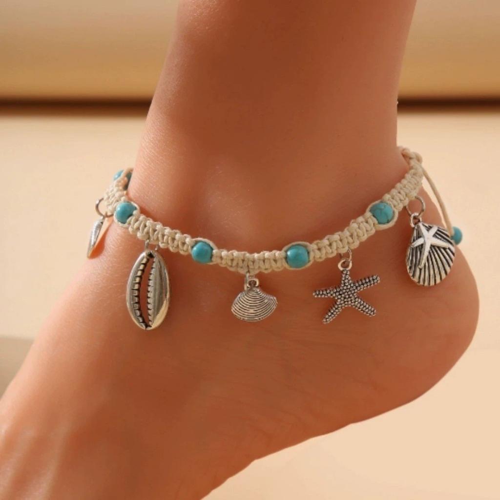 New Ankle Chain, Shell, Small Starfish, Turtle, Rice Bead, Irregular Turquoise Bead, Seaside Vacation Style Foot Accessory