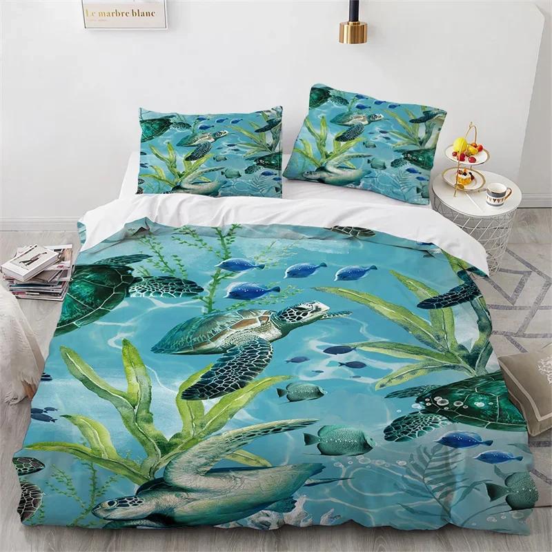 Sea Animal Turtle Duvet Cover Queen Microfiber Dolphin Octopus Conch Starfish Quilt Cover Ocean Theme Bedding Set For Boys Girls