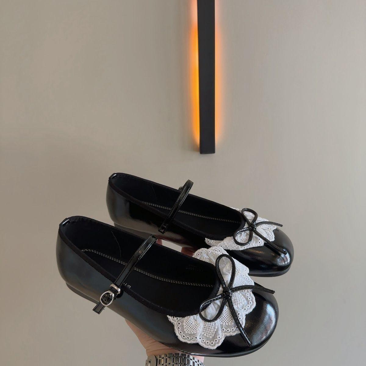

Маленькие кожаные туфли с кружевной отделкой и бантом, женские, весна и осень 2025, новые, ретро, на плоской подошве, Мэри Джейн с круглым носком, одинарные туфли 40 чёрный