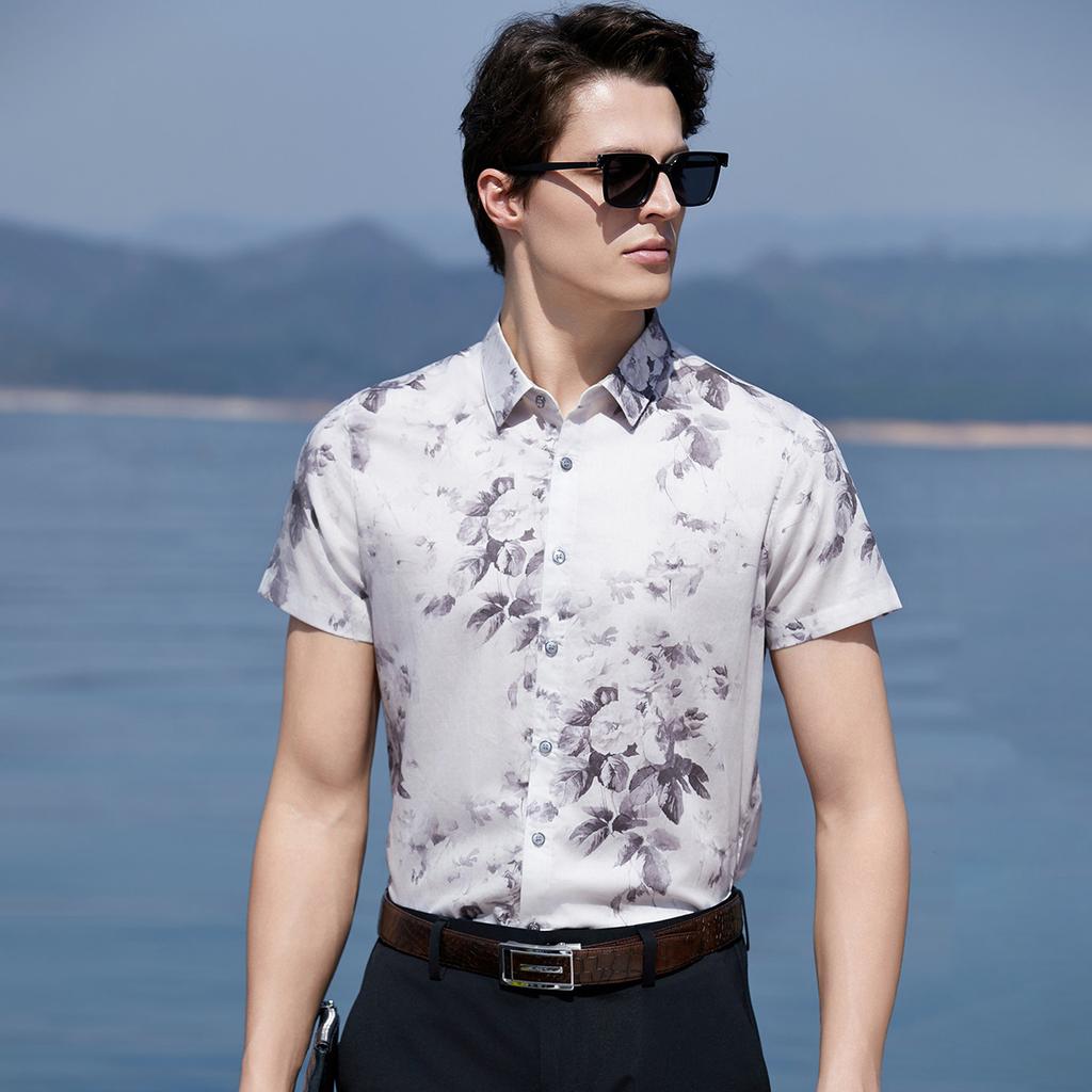 100% Silky Cotton Summer Digital Printing Versatile Comfortable Transparent Business Casual Men's Shirt Short Sleeve