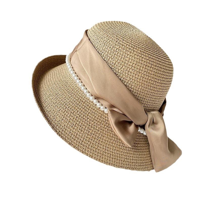 French celebrity style flat top top hat new summer elegant pearl straw seaside sun hat children