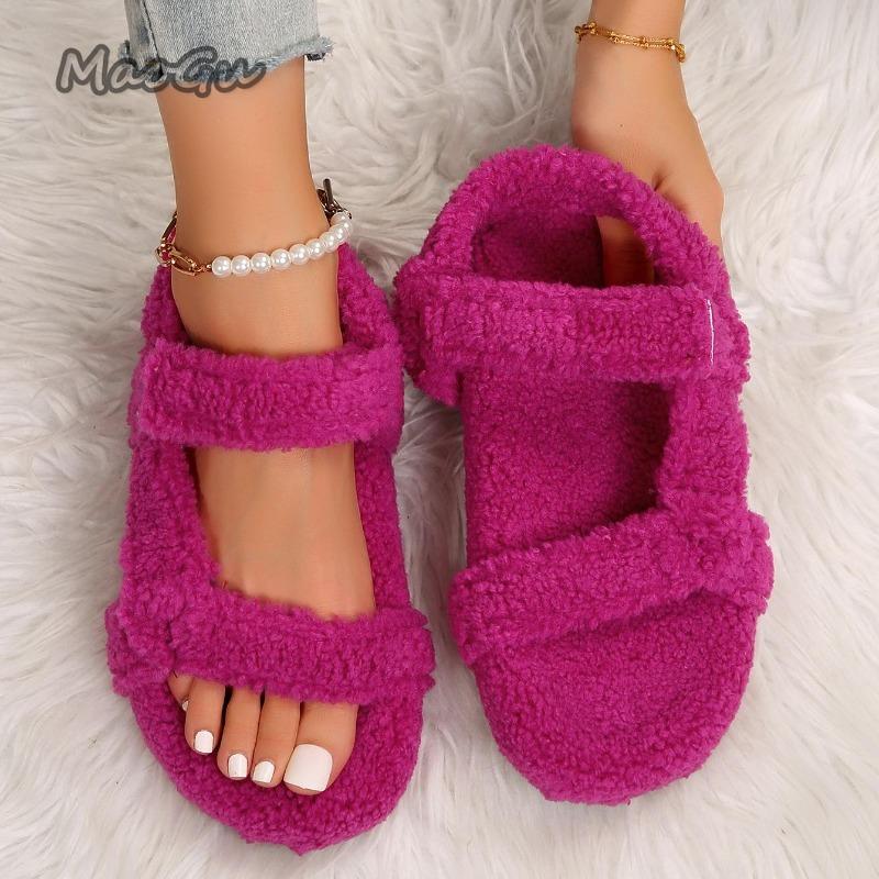 Comfortable Fluffy Slippers for Women Indoor Shoes Thick Flat Bottom Lightweight Short Plush Sandals Autumn Winter Women's Shoes