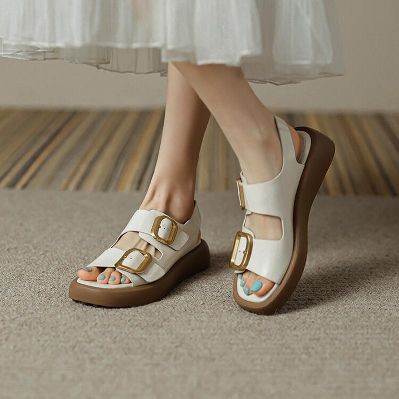 Fashion 2024 Summer Women Shoes Fashion Round Toe Thick Heel Women Sandals Split Leather Solid Sandals Platform Casual Roman Shoes Women
