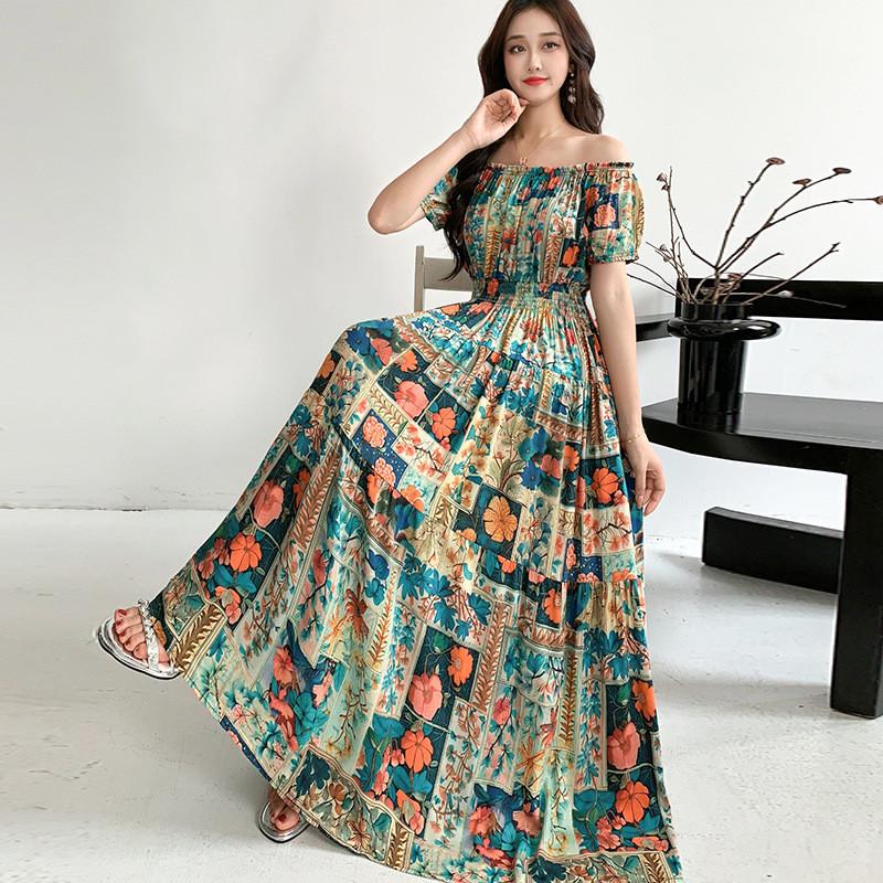 Bohemian Maxi Dress With Elastic Waist For Summer Beach Vacation And Artful Style
