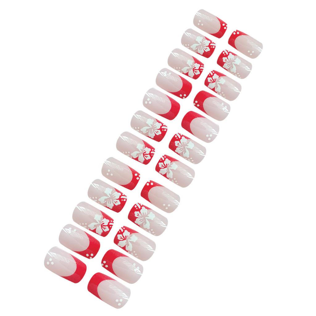 24PCS French False Nails with Red Tip and Flower Printed Reusable Fake Nails for Women Wedding Party Fashion