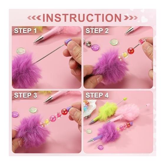 PATIKIL Fluffy Beads Pen, Plush Faux Fur Plastic Bead Ballpoint Pen for DIY Gifts, Writing, Office Supplies - 10 Pcs (Red)