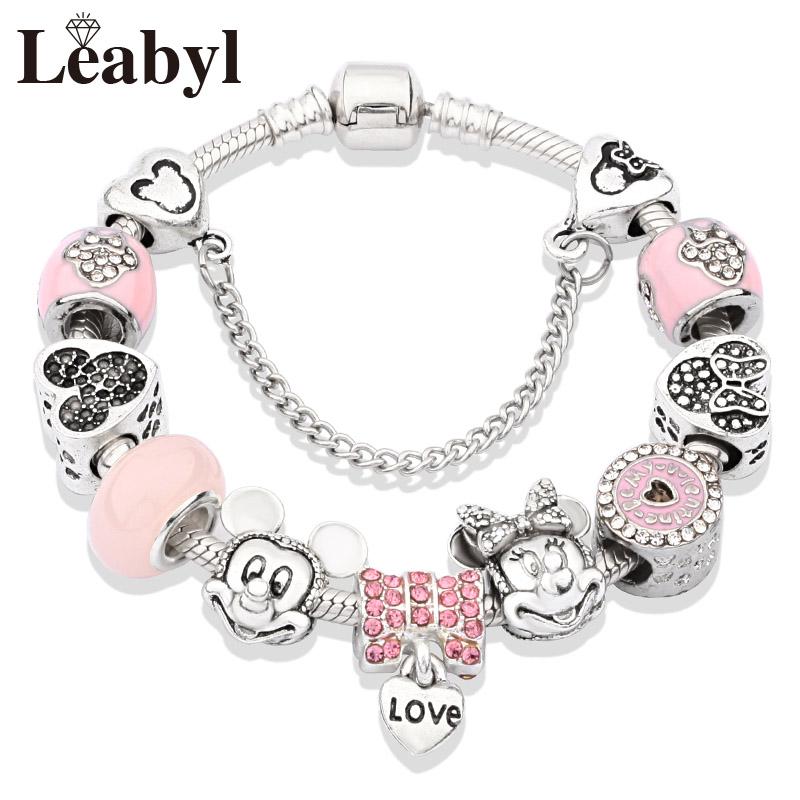 Potdemiel Pink Enamel Crystal Minnie Charm Bracelets Silver Color Heart Cartoon Bead Jewelry for Women Girl Gift
