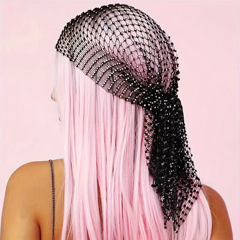 2025 Black Rhinestone Fishnet Headscarf