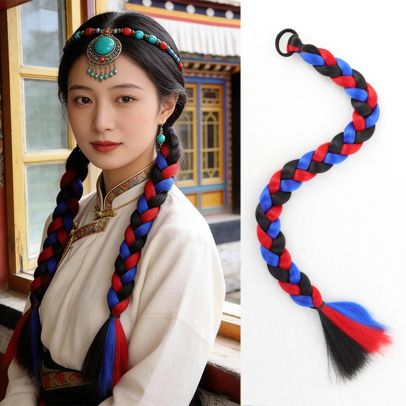 Women's Ethnic Tibetan Colorful Braided Dreadlocks and Cornrows Wig with Ponytail