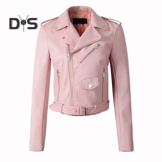 

Женская куртка из искусственной кожи с гладкой поверхностью, отложным воротником, застежкой-молнией и заклепками, длинные рукава, мотоциклетное пальто, дорожная верхняя одежда L розовый