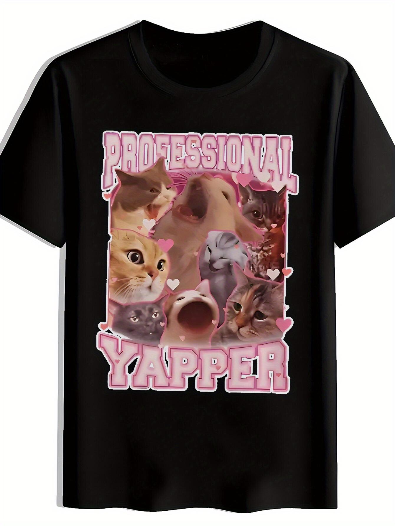 Men S Black Professional Yapper Graphic Tee with Cute Cats & Hearts - Casual Crew Neck XXXL