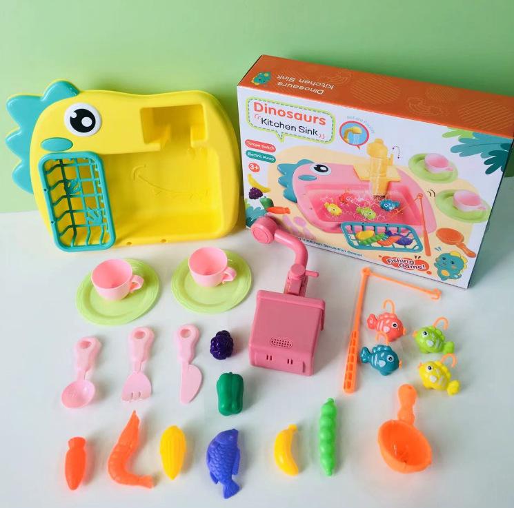 Kids' Electric Dinosaur Dishwasher & Fishing Toy - 2-in-1 Kitchen Play Set