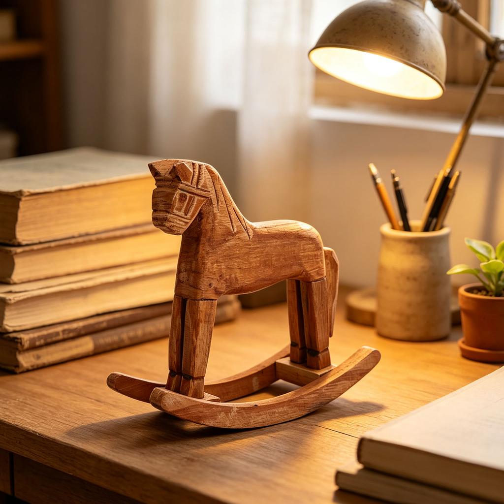 Wooden Rocking Horse Figurine Pine Wood Desk Ornament for Bookshelves Entryway Cabinet