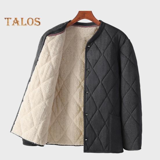 Men Coat V-Neck Long Sleeve Single Breasted Windproof Warm Jacket Solid Color Thickened Velvet Lining Outwear