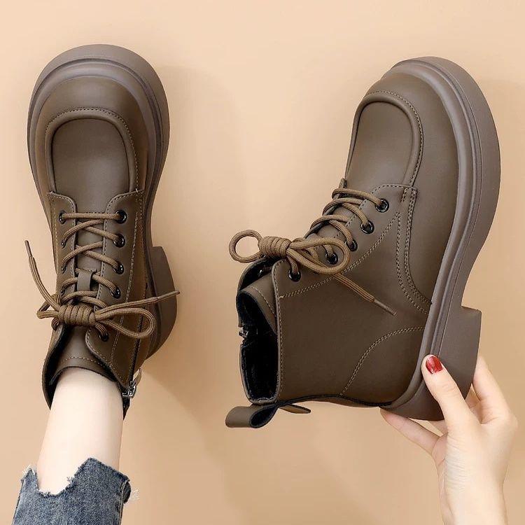 Women's Autumn/Winter Soft Leather Martin Boots, British Style, Mid Heel, Plus Cotton, Thick Sole, Versatile Ankle Boots