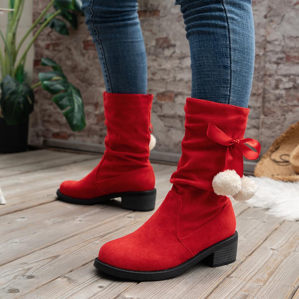 Fashion 2024 Winter Hot Sale Women's Fluffy Bowknot Ball Decor Boots Slip On Casual Chunky Heel Suede Boots Christmas Mid Calf Boots