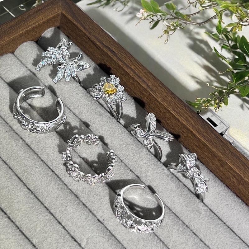 Full Diamond Zircon Bow Open Ring Niche Design Retro Temperament High-End Ring