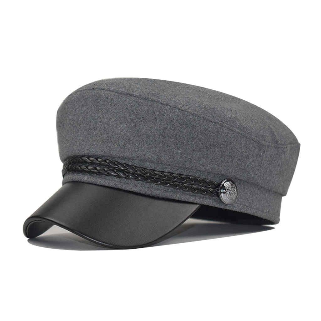 Fashion PU Leather Military Hat Sailor Hats For Women Flat Top Captain Cap Travel Cadet Hat