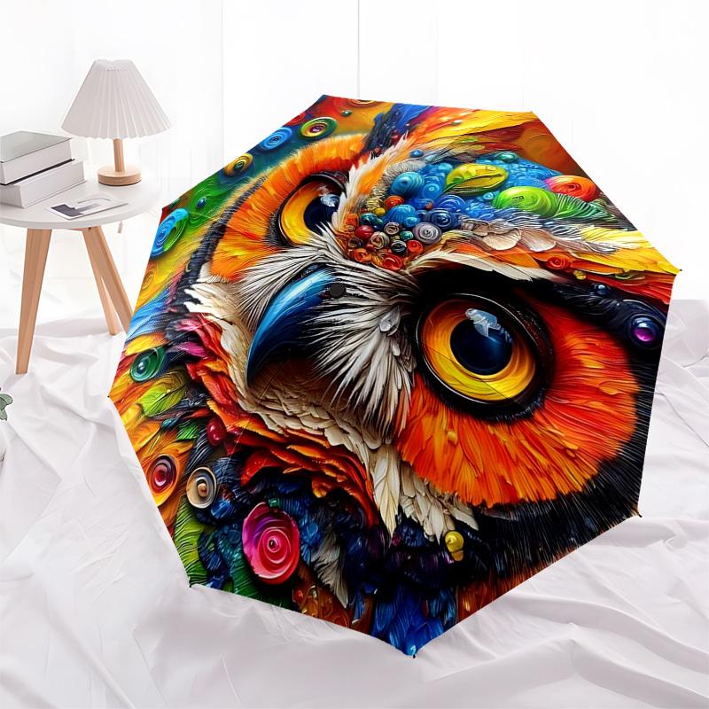 1pc Colorful Owl Design Automatic Opening/Closing Umbrella with Foldable Design, 8-Bone Iron Frame, Outdoor, Suitable for Fans, Travelers, Daily Use,
