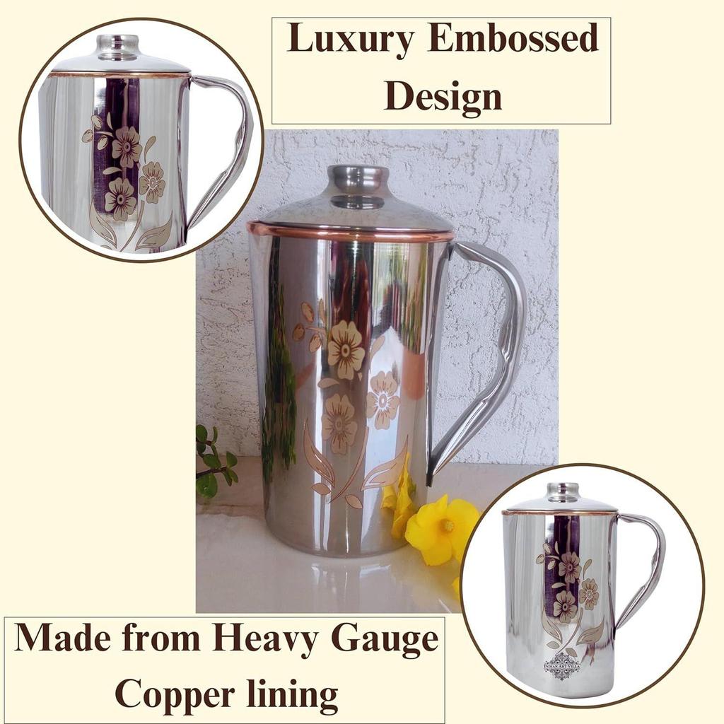Steel Copper Floral Design Jug Pitcher with Lid, Storage & Serving Water, Beneficial for Health, Volume-1500 ML