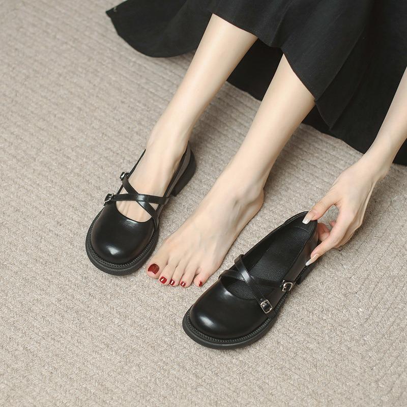 

Vintage Flat Bottom Mary Jane Single Shoes Women s Spring College Wind Round Head Cross Buckle Small Leather Shoes Women 40