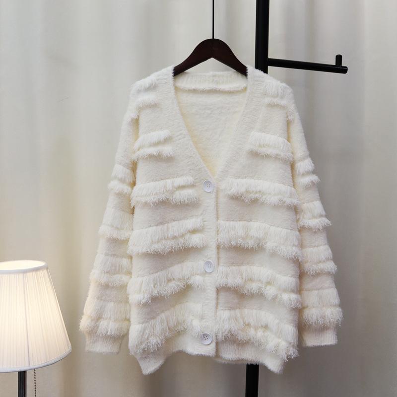 Imitation Mink Velvet Knitted Cardigan Women's Autumn and Winter New Tassel Design Sense Retro Sweater Jacket Thickened