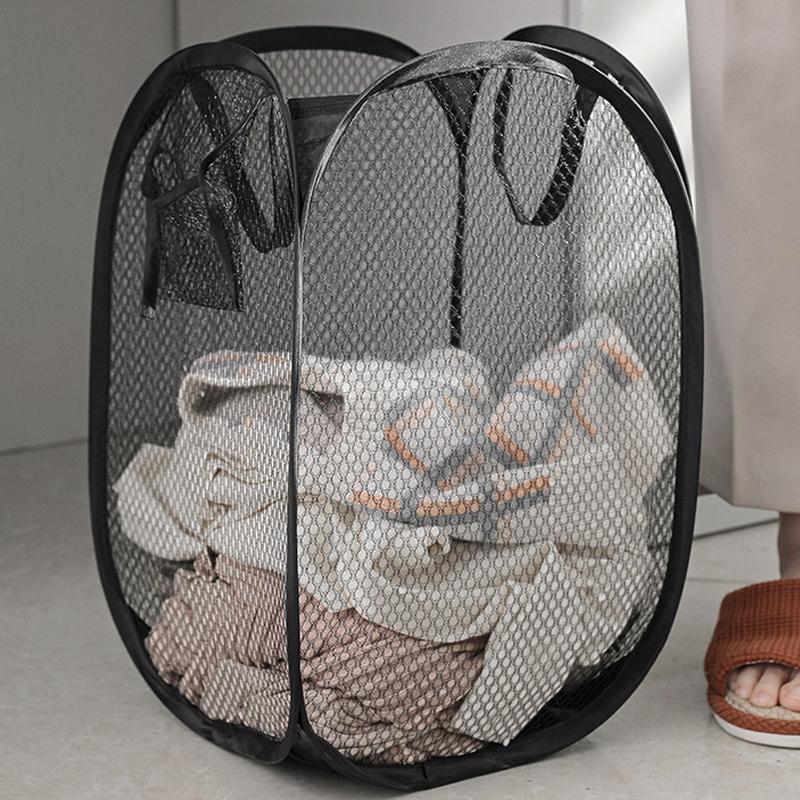 

1PC Foldable Mesh Laundry Basket Toy Organizer Bag Collapsible Clothes Baskets for Dorm, Bathroom & Travel чёрный