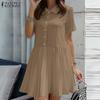 ZANZEA Women Casual Turn Down Collar Summer Short Sleeve Dress