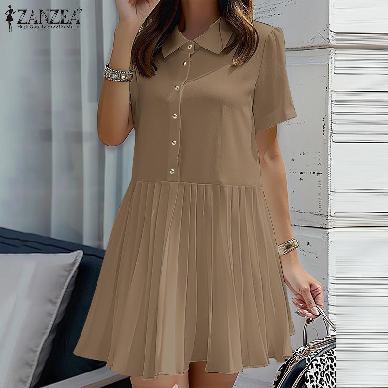ZANZEA Women Casual Turn Down Collar Summer Short Sleeve Dress