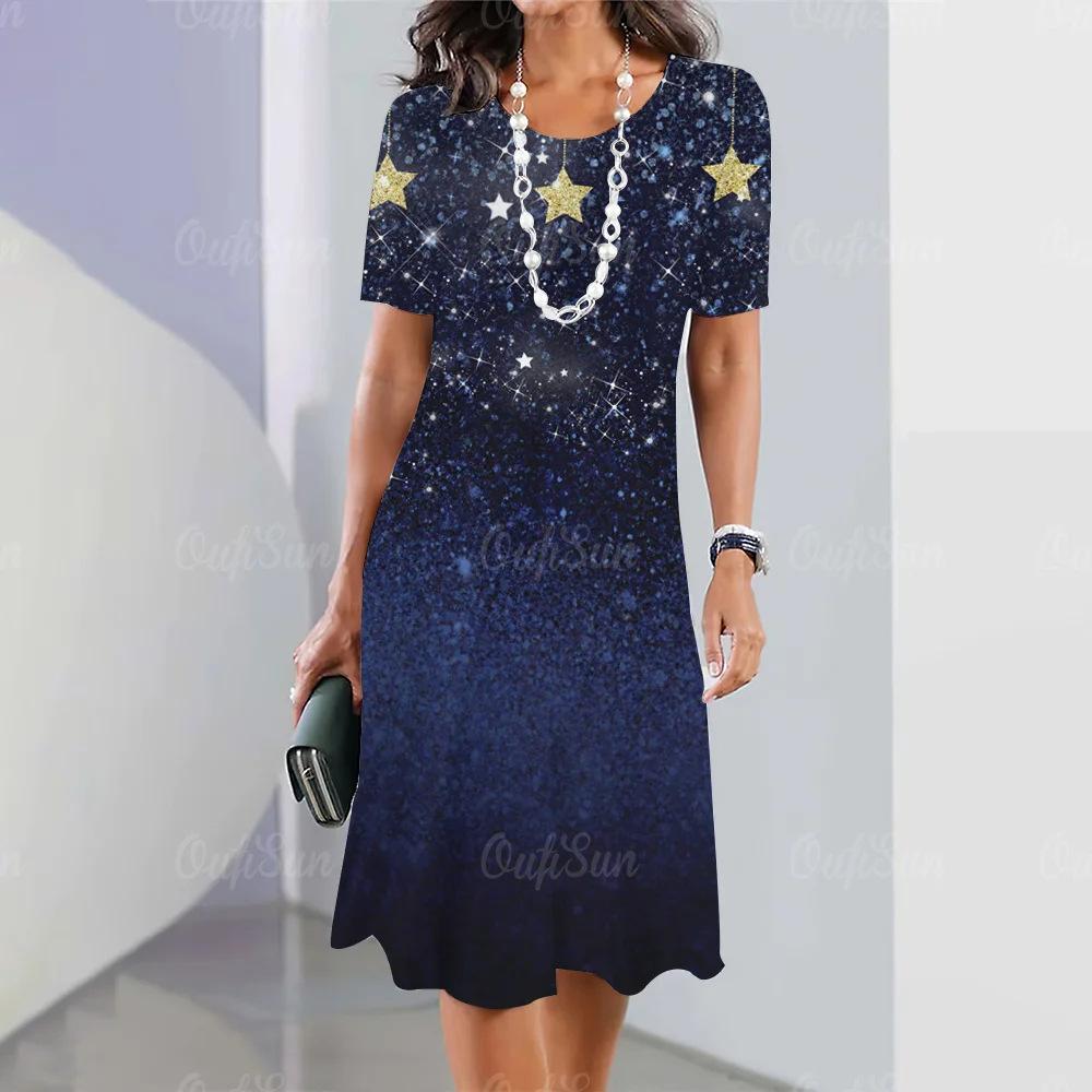 Women Summer O Neck Short Sleeve 3D Print Midi Dress