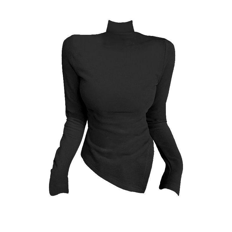 

Women s Fall/Winter German Velvet Base Layer Top, Half-High Neck, Irregular Design, Slim Fit, Long Sleeve, Set-in Shoulder, Bodycon Style. Large