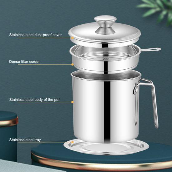 Edelstahl Ölfilterbehälter mit Feinmaschen-Sieb 1,4/1,8L Große Kapazität Küchenölkrug zum Frittieren Kochen Rostbeständig Hitzebeständig Ölkanne