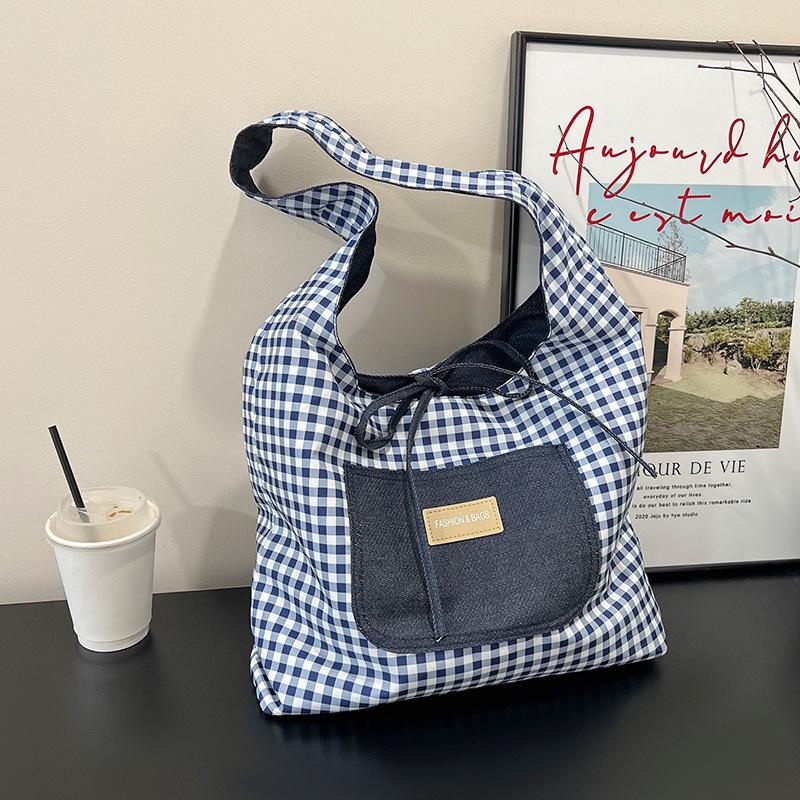 Casual commuter big bag women's 2025 new double-sided denim single shoulder underarm tote bag large capacity plaid bag