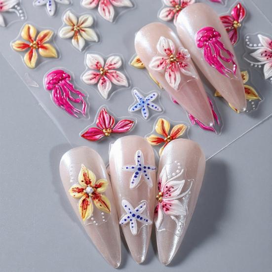 Flower Nail Art Sticker Self-adhesive DIY Home Salon Summer Floral Plants Ladybird 5D Embossed Women Fake Nail Decoration Decal