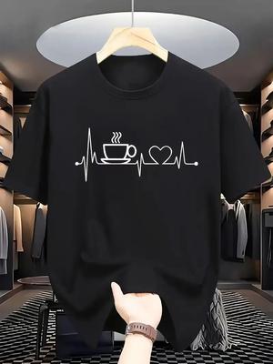 Herren Sommer 100% Baumwolle Modisch Lässig Locker Große Größe Kaffee und Herzschlag Muster Gedruckt Rundhals Kurzarm T-Shirt