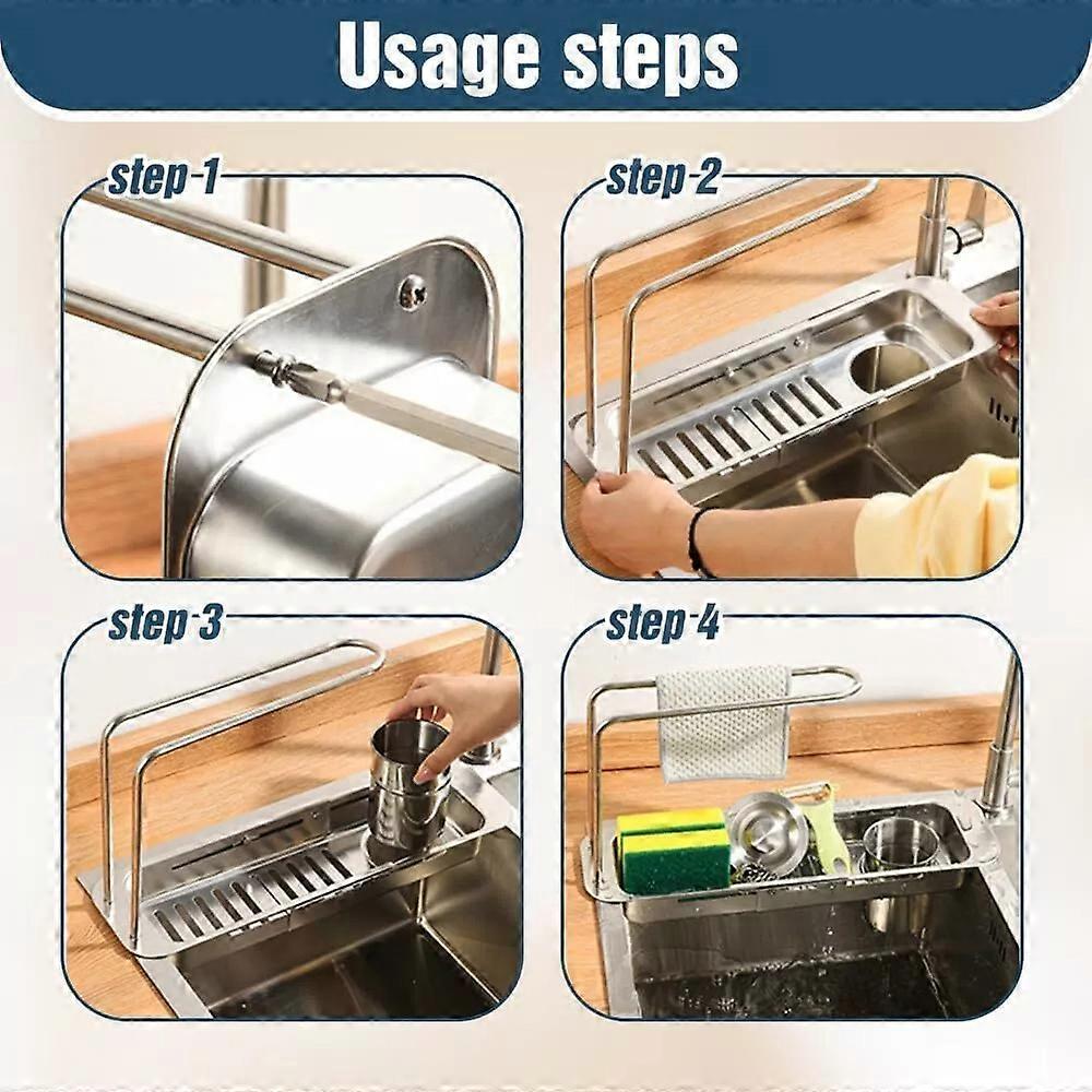 Stainless Steel Draining Rack, Upgraded Kitchen Sink Faucet Organizer Adjustable