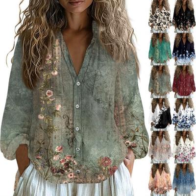 Boho Vintage Damska Luźna Bluzka T-shirt z Dekoltem V i Długim Rękawem Bawełniana Lniana