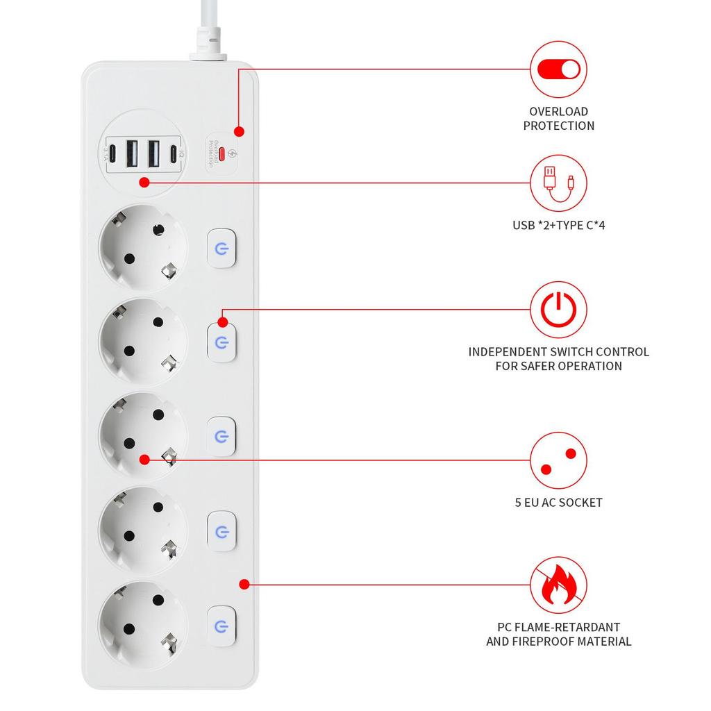 Independent Switch Control 5-Outlet Power Strip with 2 Type-C & 2 USB Ports, Overload Protection