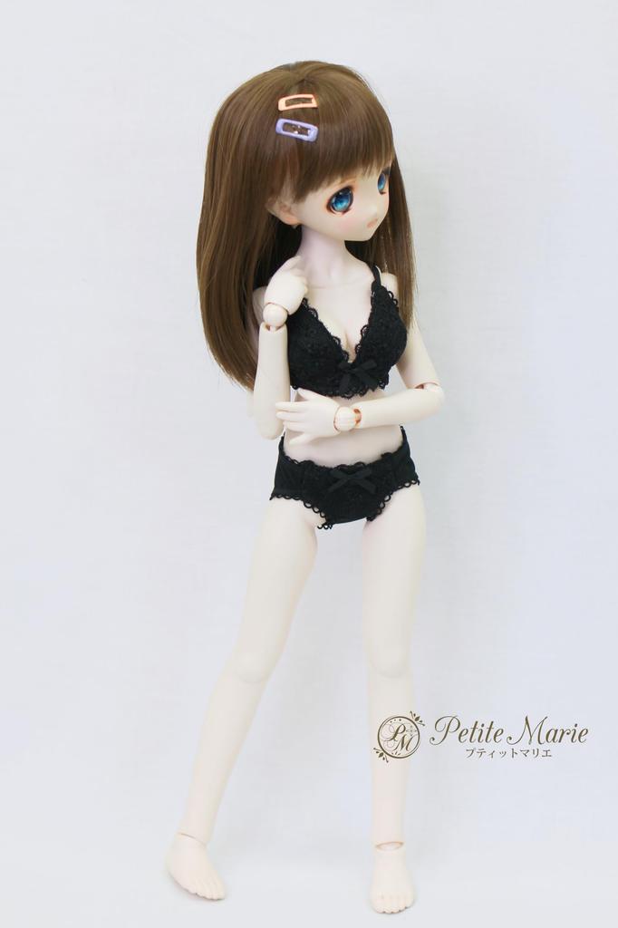 [Petite Marie] 13 MDD L-bust compatible lingerie set, bra and panties set, black, smooth material, floral embroidery, floral lace, 40cm doll, BJD