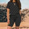 Women Plus Size Brown Blue Plaid Printed Round Neck Short Sleeve Top And Fitted Shorts Two Piece Set
