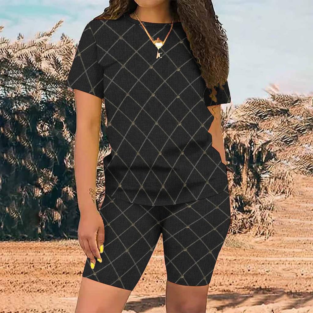 Women Plus Size Brown Blue Plaid Printed Round Neck Short Sleeve Top And Fitted Shorts Two Piece Set