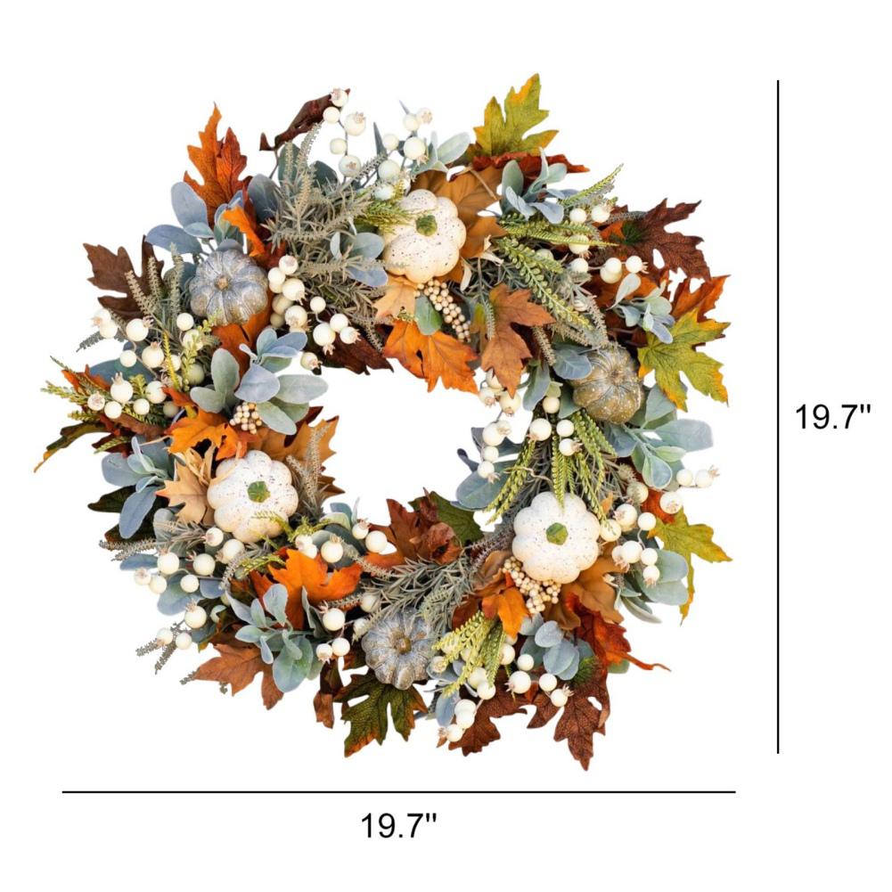 Couronne D'automne Artificielle Feuilles D'érable Et Citrouilles - Diamètre 45 Cm, Pour Porte Ou Mur