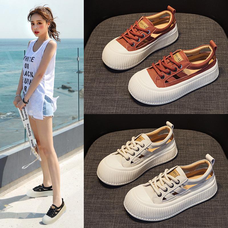 Baotou Sandals Women's 2025 Summer New Thick-soled Heightened Hollowed-out Breathable Little White Shoes Leather Comfortable Roman Sandals