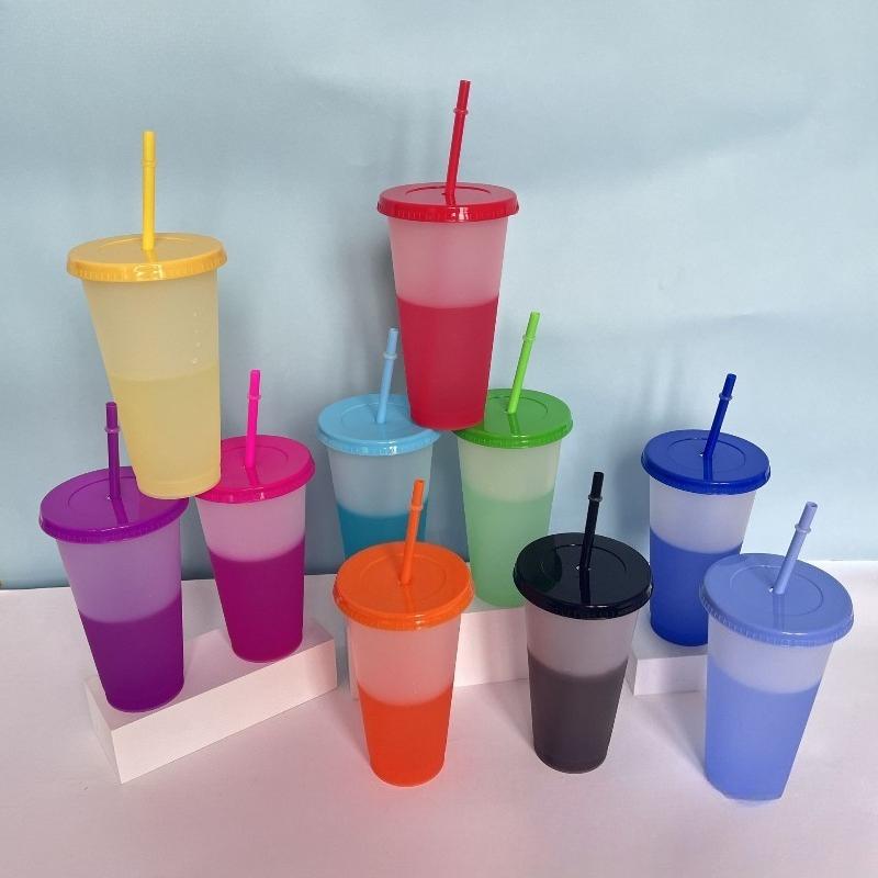 Hot 710ML PP Temperature Sensitive Color Changing Plastic Cup 24oz Large Capacity Water Cup Single-layer Transparent Straw Cup