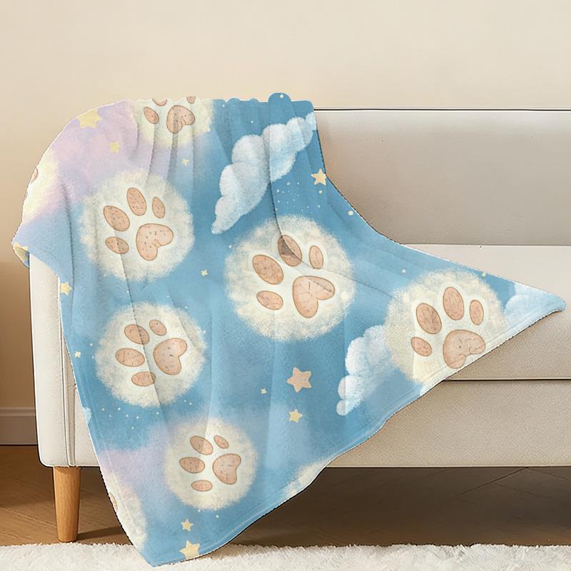 Cartoon Paw Print Ultra-Soft Flannel Fleece Blanket - High-Density Plush Cozy Throw for Home, Christmas & Halloween Decor