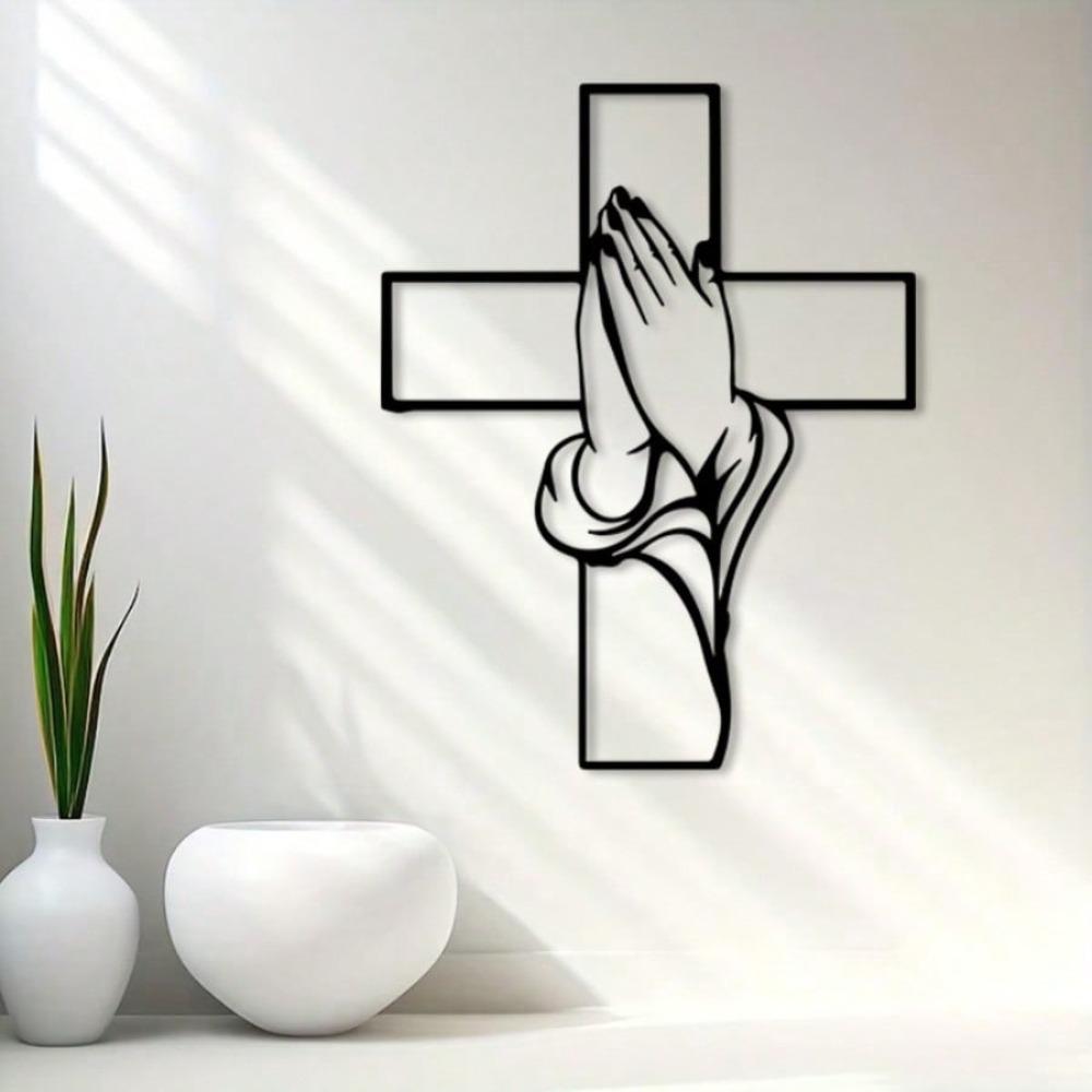 1Pc Vintage Praying Hands Metal Wall Art Black Cross Ora et Formose Inscription Rust Resistant Catholic Decor Christmas Easter Gift