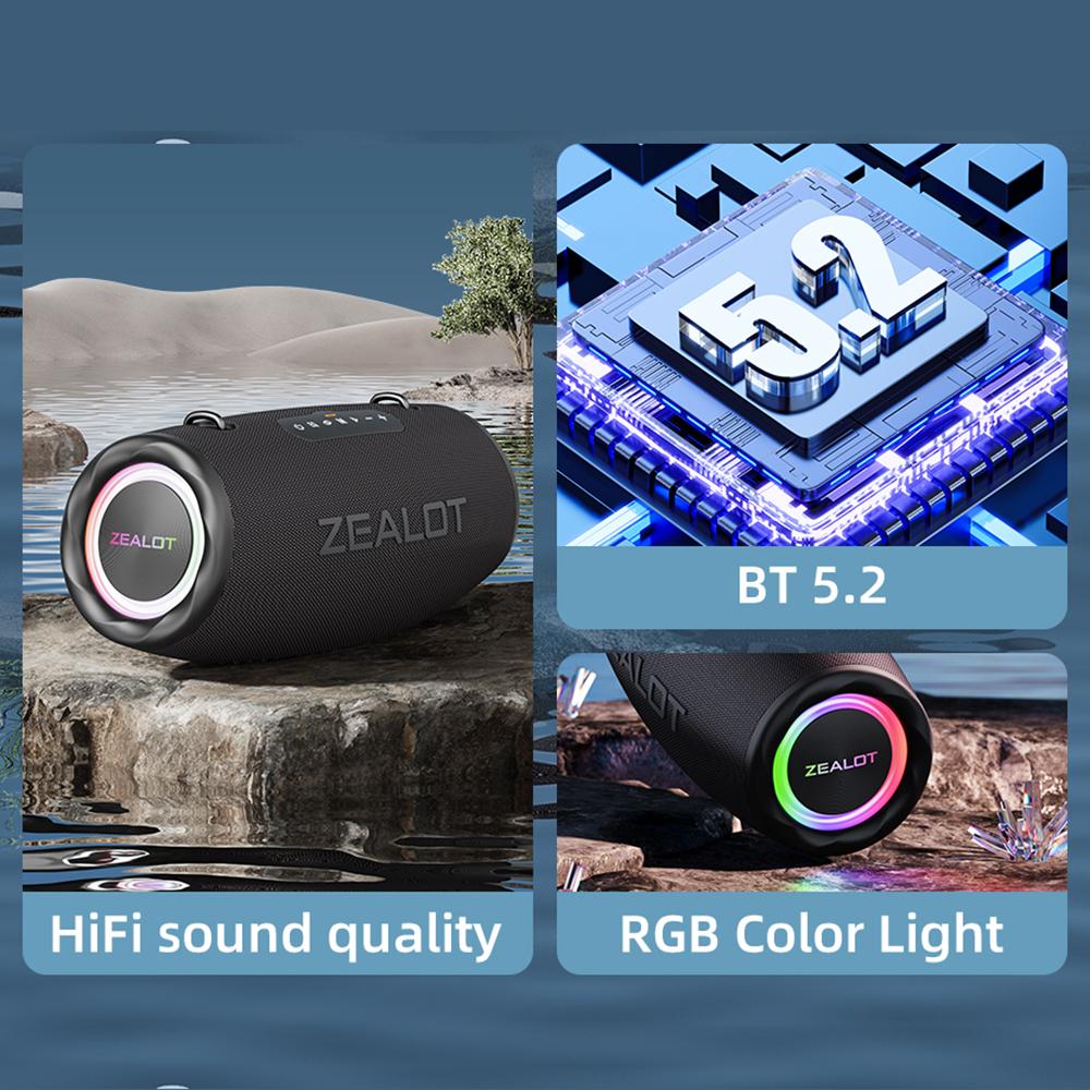 ZEALOT S87 BT Speaker Wireless Stereo Speaker with 80W Booming Sound LED Lights Waterproof Portable Speaker for