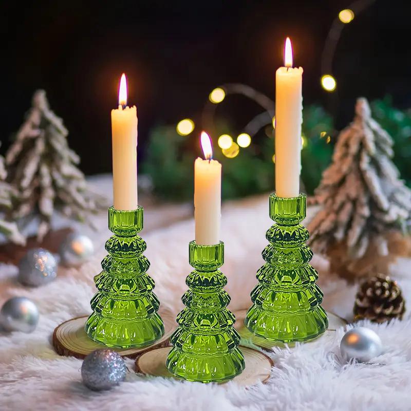 1PC Romantic Tabletop Candle Base with Tree Design Christmas Tree Glass Candle Holder 13.2x8.1cm